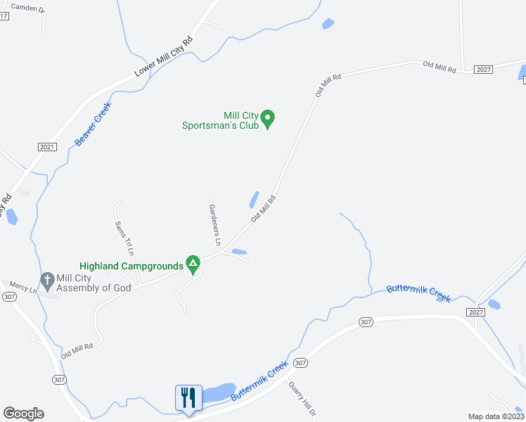 map of restaurants, bars, coffee shops, grocery stores, and more near Old Mill Road in Dalton