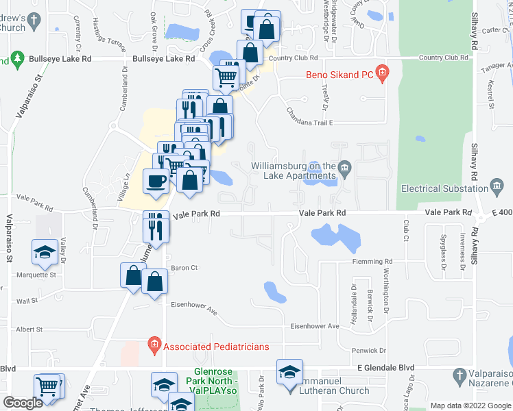 map of restaurants, bars, coffee shops, grocery stores, and more near 1610 Geranium Circle in Valparaiso