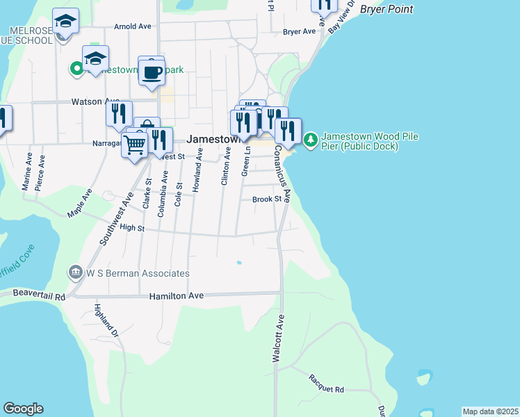 map of restaurants, bars, coffee shops, grocery stores, and more near 22 Pardon Tucker Place in Jamestown