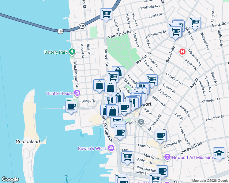 map of restaurants, bars, coffee shops, grocery stores, and more near 19 Thames Street in Newport
