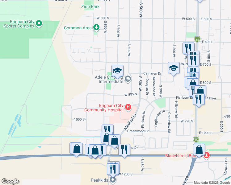 map of restaurants, bars, coffee shops, grocery stores, and more near 684 West 885 South in Brigham City