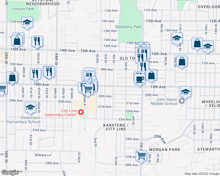 map of restaurants, bars, coffee shops, grocery stores, and more near 330 19th Avenue in Moline