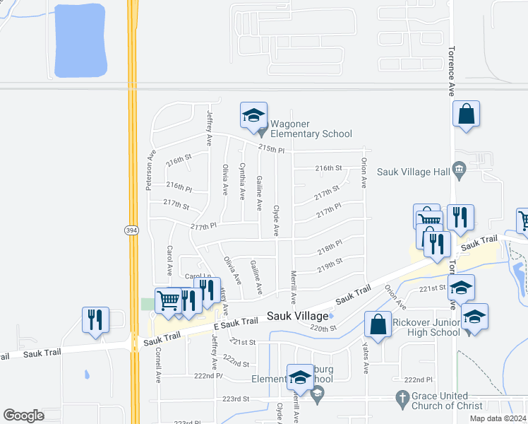 map of restaurants, bars, coffee shops, grocery stores, and more near 21719 Gailine Avenue in Sauk Village