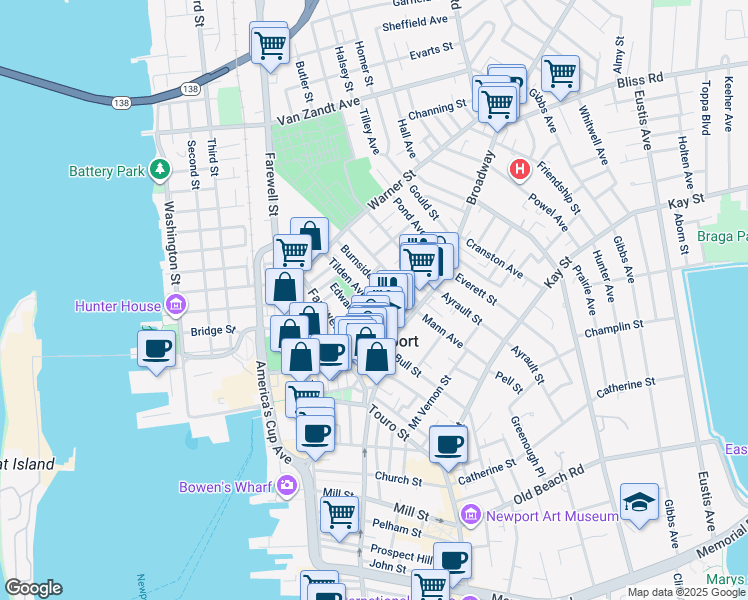 map of restaurants, bars, coffee shops, grocery stores, and more near 23 Tilden Avenue in Newport