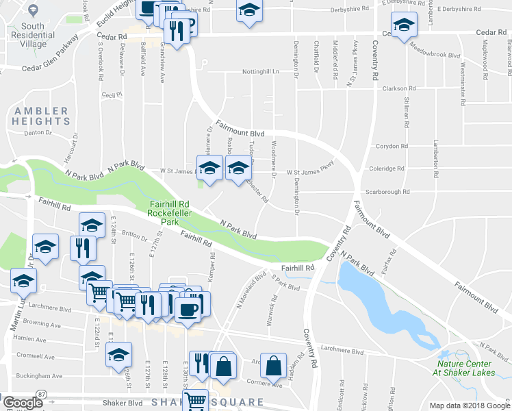 map of restaurants, bars, coffee shops, grocery stores, and more near 2438 Woodmere Drive in Cleveland