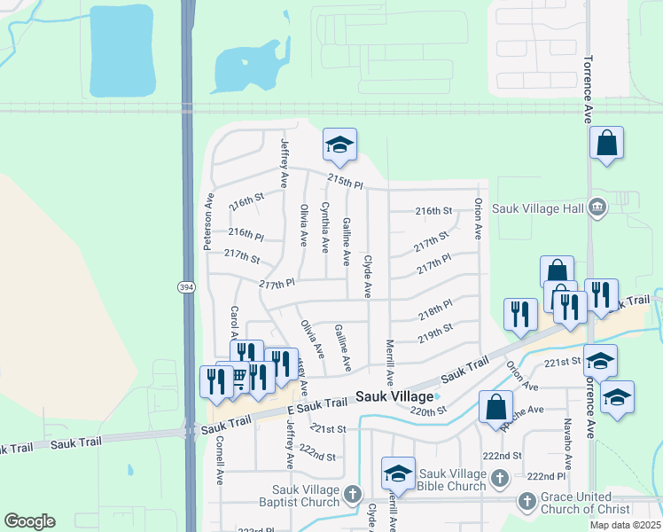 map of restaurants, bars, coffee shops, grocery stores, and more near 21721 Cynthia Avenue in Sauk Village