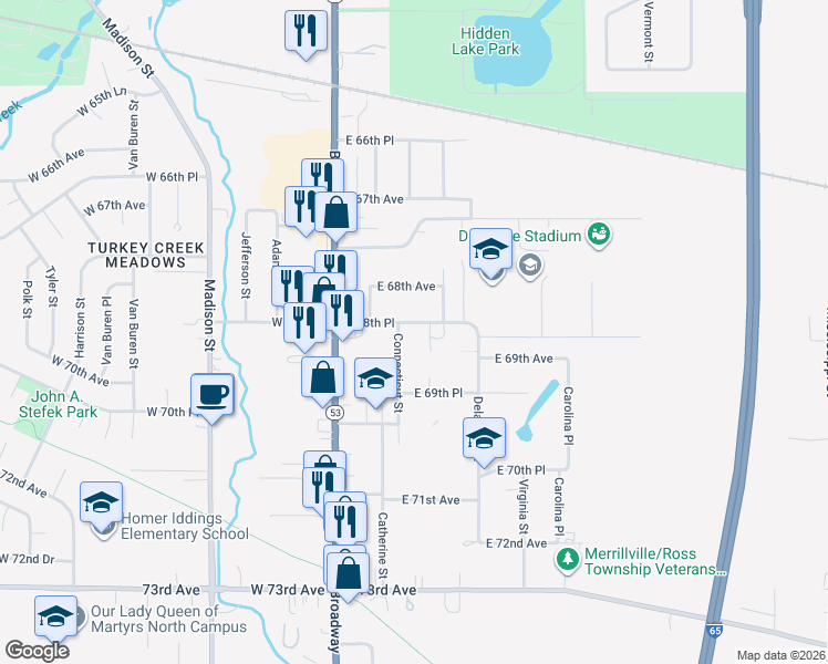 map of restaurants, bars, coffee shops, grocery stores, and more near 207 East 68th Place in Merrillville