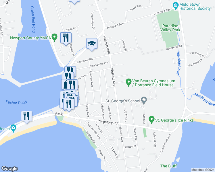 map of restaurants, bars, coffee shops, grocery stores, and more near 147 Center Avenue in Middletown