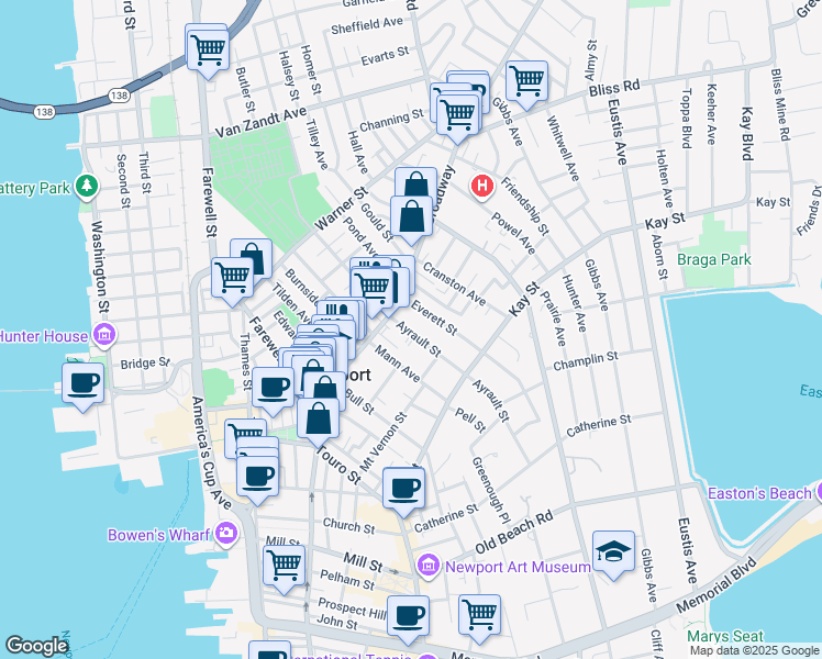 map of restaurants, bars, coffee shops, grocery stores, and more near 14 Ayrault Street in Newport