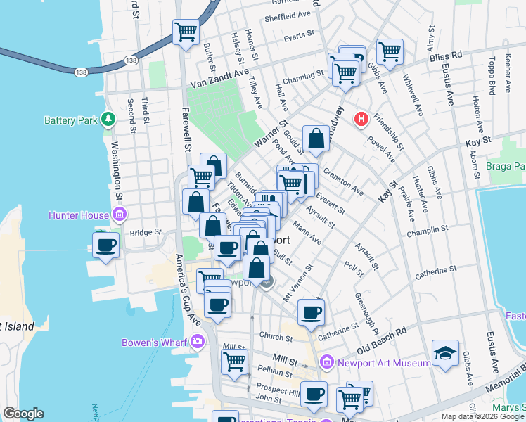 map of restaurants, bars, coffee shops, grocery stores, and more near 10A Collins Street in Newport