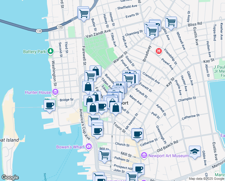 map of restaurants, bars, coffee shops, grocery stores, and more near 24 Tilden Avenue in Newport