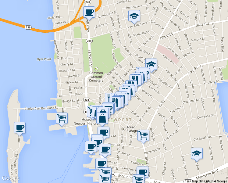 map of restaurants, bars, coffee shops, grocery stores, and more near 24 Tilden Avenue in Newport