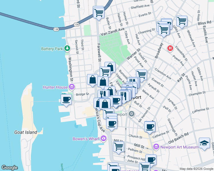 map of restaurants, bars, coffee shops, grocery stores, and more near 9 Cross Street in Newport