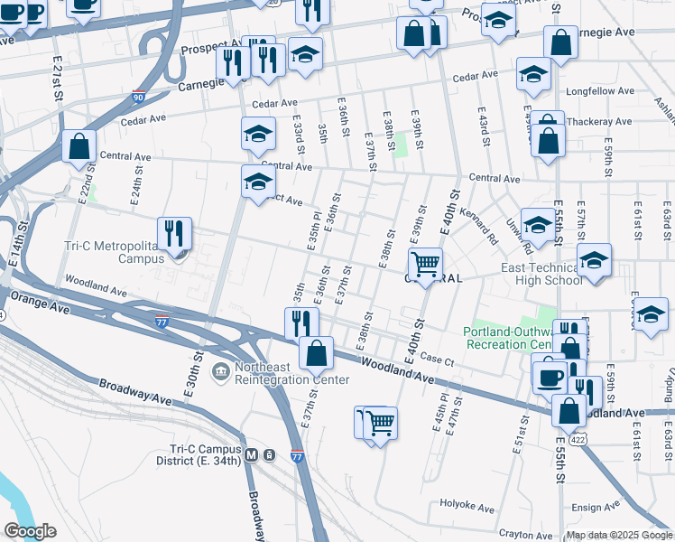 map of restaurants, bars, coffee shops, grocery stores, and more near 2437 East 37th Street in Cleveland