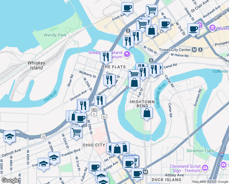 map of restaurants, bars, coffee shops, grocery stores, and more near 2222 Detroit Avenue in Cleveland
