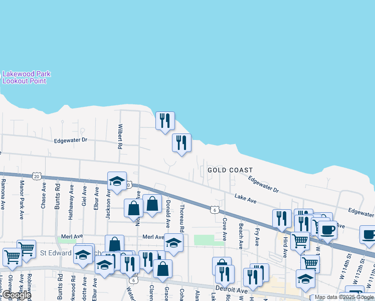 map of restaurants, bars, coffee shops, grocery stores, and more near 12700 Lake Avenue in Lakewood