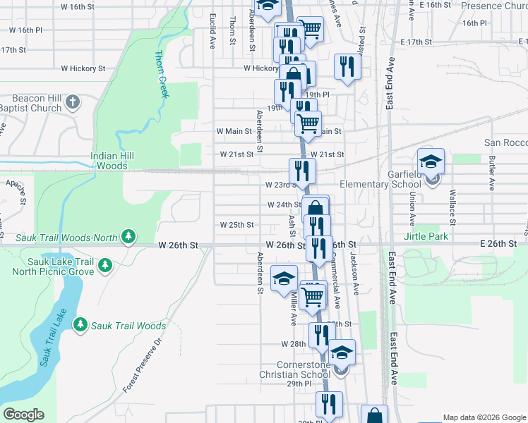 map of restaurants, bars, coffee shops, grocery stores, and more near 52 West 24th Street in Chicago Heights