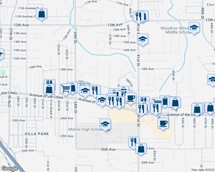 map of restaurants, bars, coffee shops, grocery stores, and more near 1841 36th Street in Moline