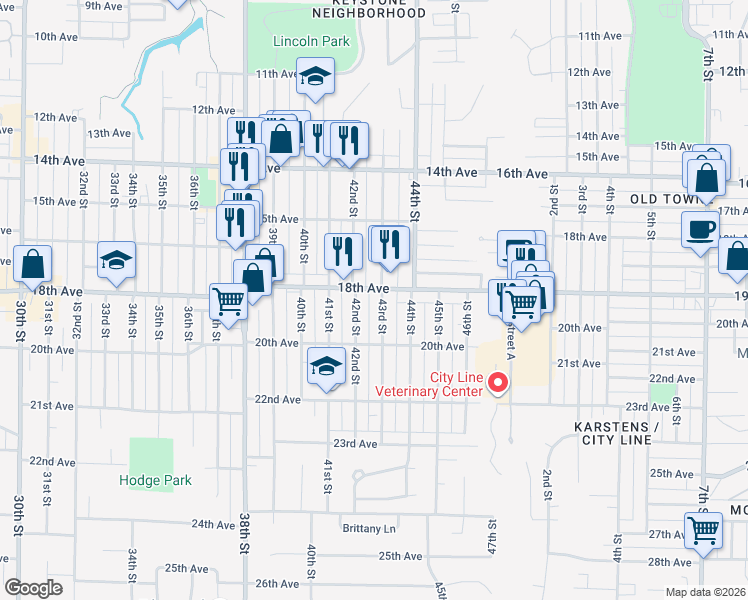 map of restaurants, bars, coffee shops, grocery stores, and more near 1811 43rd Street in Rock Island