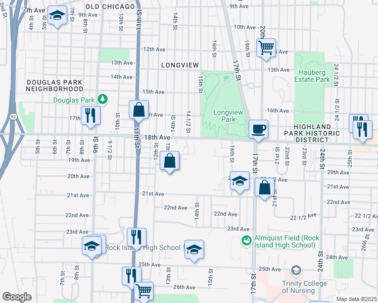 map of restaurants, bars, coffee shops, grocery stores, and more near 1505 19th Ave in Rock Island