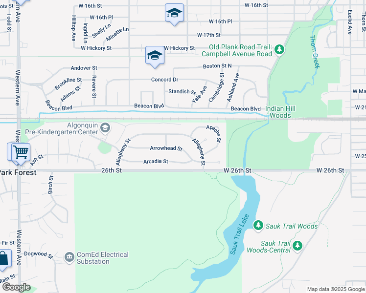 map of restaurants, bars, coffee shops, grocery stores, and more near 272 Arrowhead Street in Park Forest