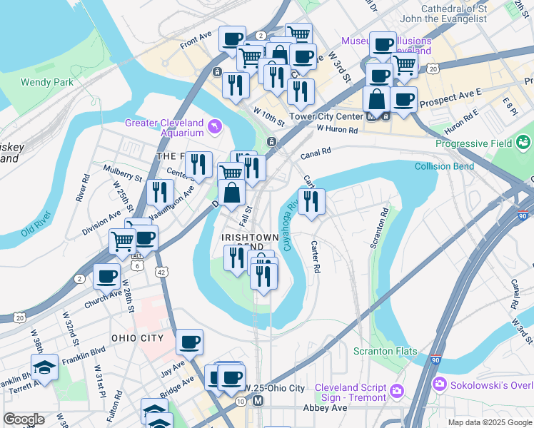 map of restaurants, bars, coffee shops, grocery stores, and more near 1720 Columbus Road in Cleveland