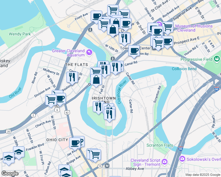 map of restaurants, bars, coffee shops, grocery stores, and more near 1720 Columbus Rd in Cleveland