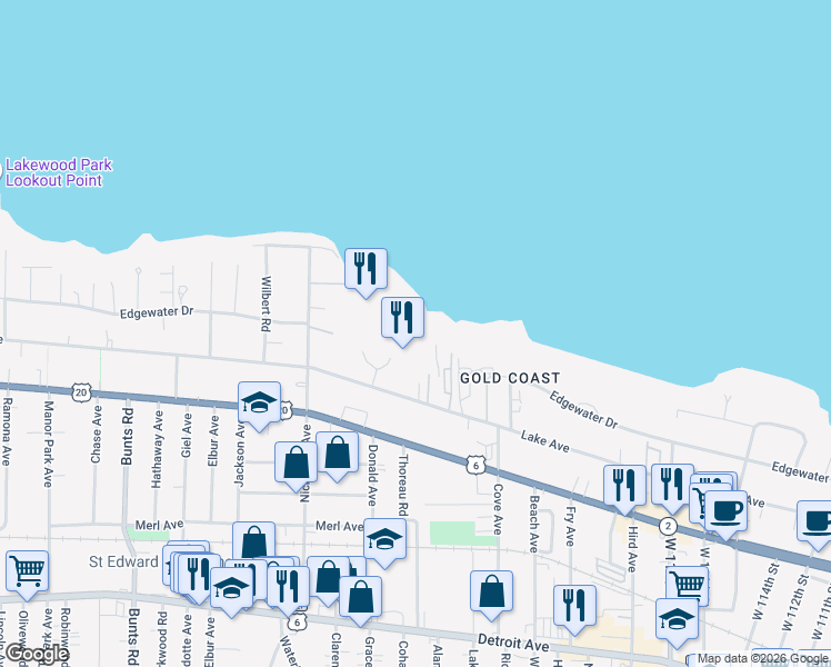 map of restaurants, bars, coffee shops, grocery stores, and more near 12700 Lake Avenue in Lakewood