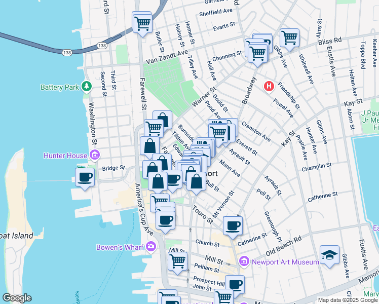 map of restaurants, bars, coffee shops, grocery stores, and more near 24 Tilden Avenue in Newport