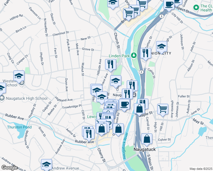 map of restaurants, bars, coffee shops, grocery stores, and more near 208 Meadow Street in Naugatuck