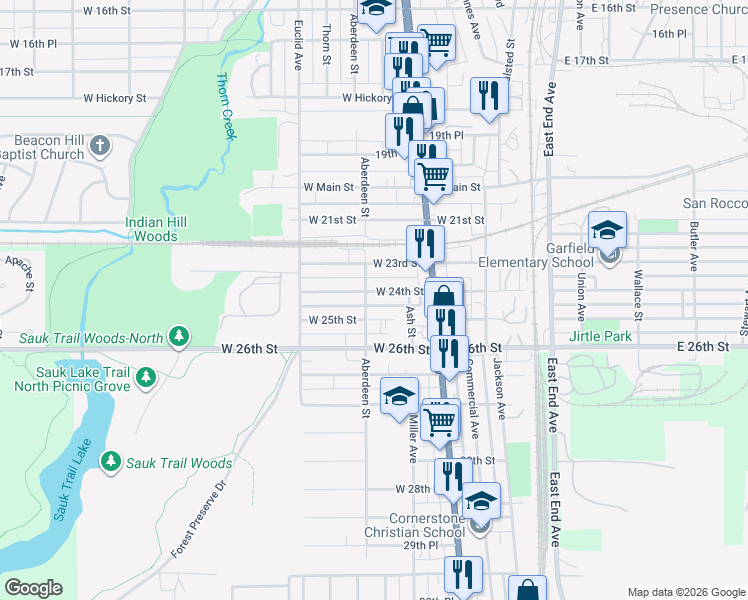 map of restaurants, bars, coffee shops, grocery stores, and more near 52 West 24th Street in Chicago Heights