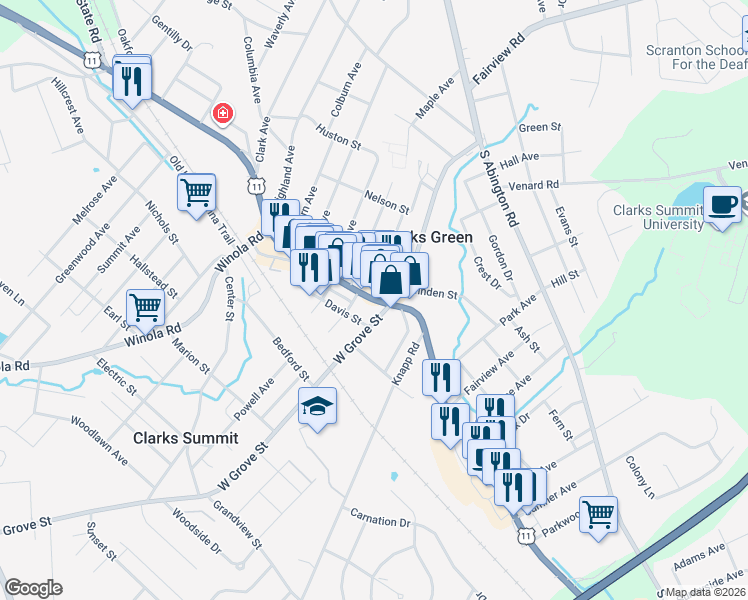map of restaurants, bars, coffee shops, grocery stores, and more near in Clarks Summit