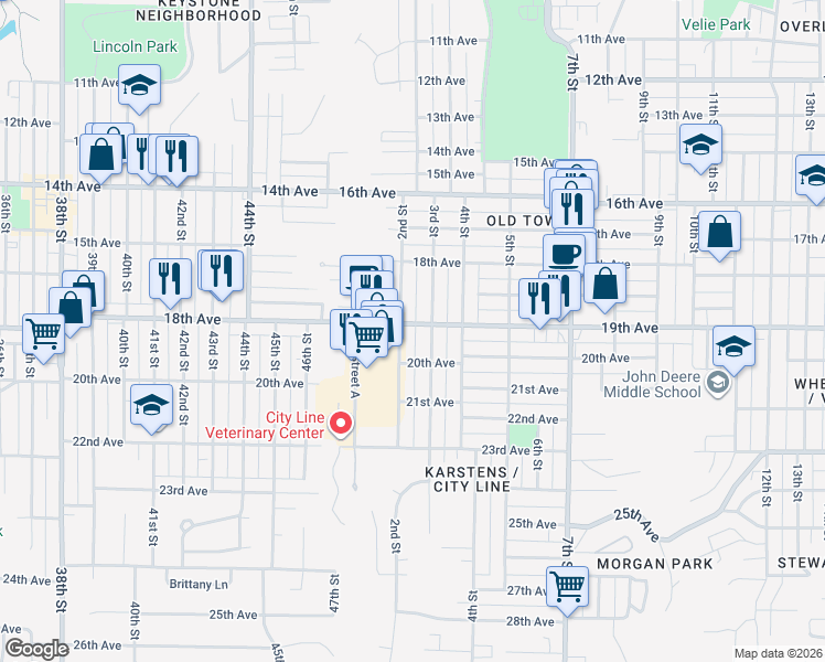 map of restaurants, bars, coffee shops, grocery stores, and more near 212 19th Avenue in Moline