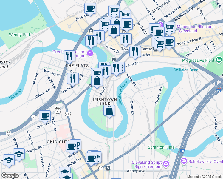 map of restaurants, bars, coffee shops, grocery stores, and more near 1720 Columbus Rd in Cleveland