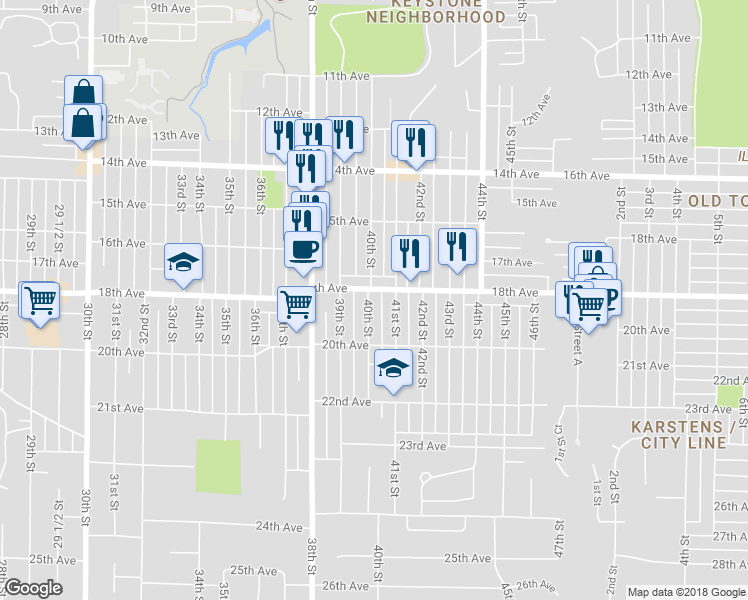 map of restaurants, bars, coffee shops, grocery stores, and more near 1811 40th Street in Rock Island