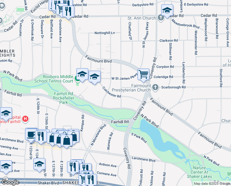 map of restaurants, bars, coffee shops, grocery stores, and more near 2443 Demington Drive in Cleveland Heights