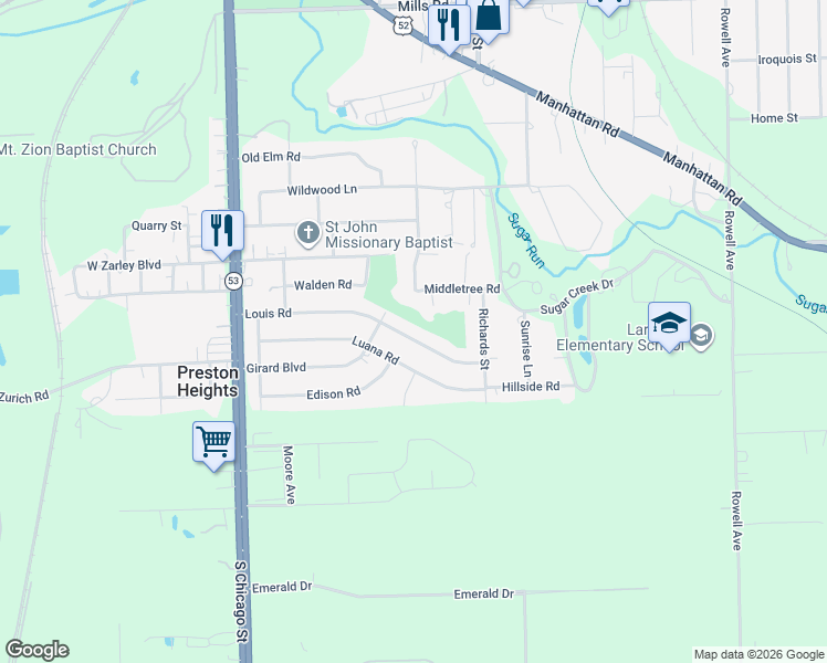 map of restaurants, bars, coffee shops, grocery stores, and more near 209 Louis Road in Joliet