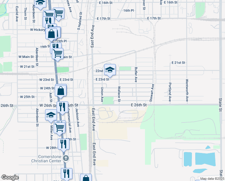 map of restaurants, bars, coffee shops, grocery stores, and more near 144 East 24th Street in Chicago Heights