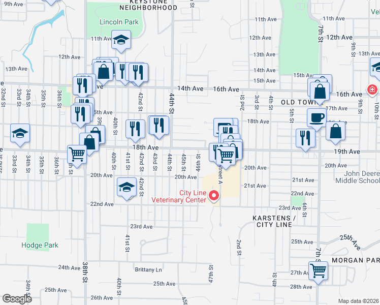 map of restaurants, bars, coffee shops, grocery stores, and more near 1824 46th Street in Rock Island