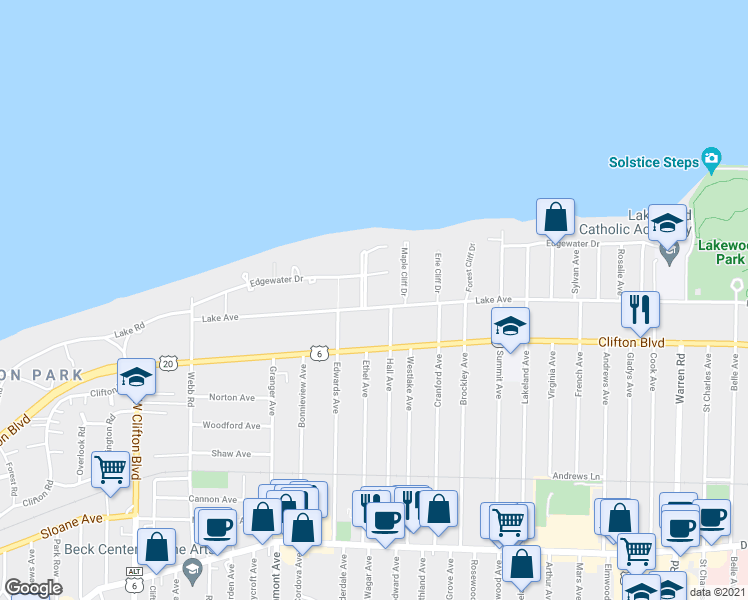 map of restaurants, bars, coffee shops, grocery stores, and more near 1105 Kenneth Drive in Lakewood