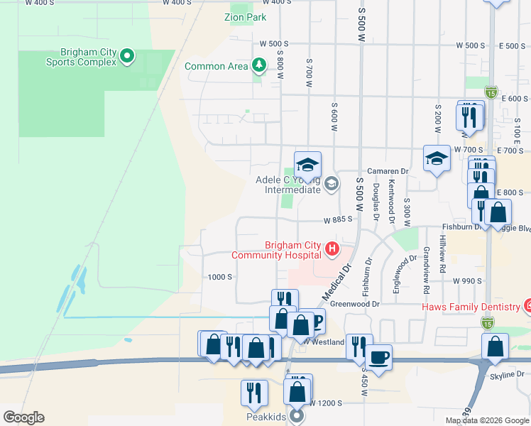 map of restaurants, bars, coffee shops, grocery stores, and more near 818 West 885 South in Brigham City