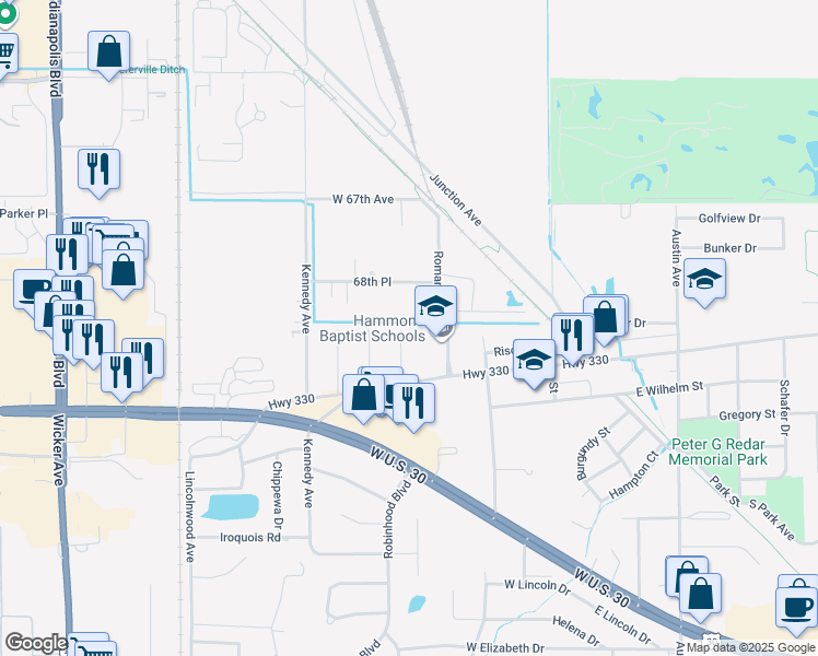 map of restaurants, bars, coffee shops, grocery stores, and more near 1603-16 Homan Drive in Schererville