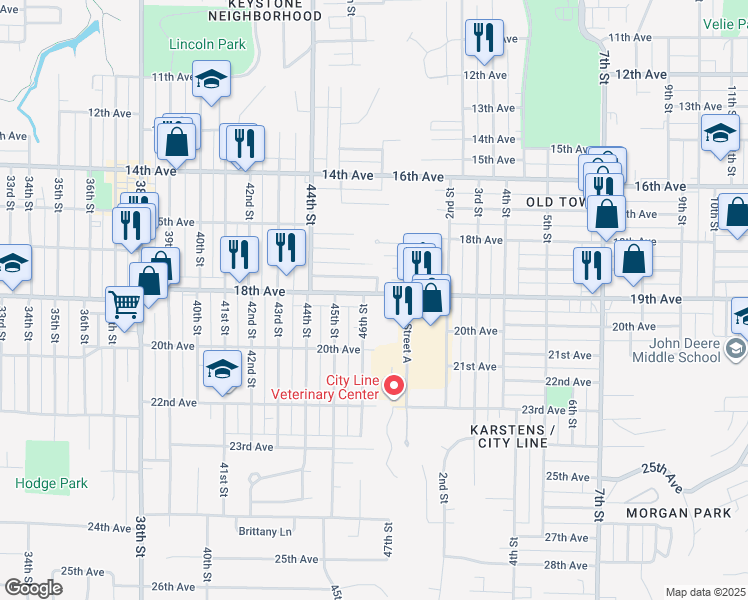 map of restaurants, bars, coffee shops, grocery stores, and more near 4610 18th Avenue in Rock Island