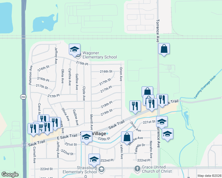 map of restaurants, bars, coffee shops, grocery stores, and more near 2112 217th Place in Sauk Village