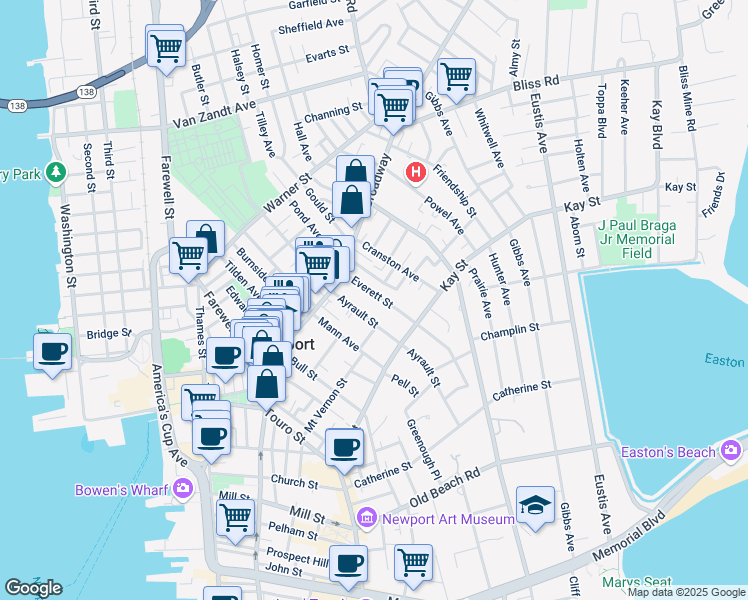 map of restaurants, bars, coffee shops, grocery stores, and more near 15 Everett Street in Newport