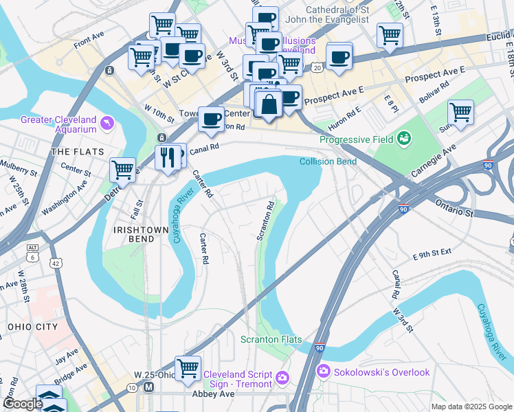 map of restaurants, bars, coffee shops, grocery stores, and more near 1857 Carter Road in Cleveland