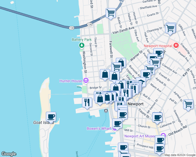 map of restaurants, bars, coffee shops, grocery stores, and more near 31 Elm Street in Newport