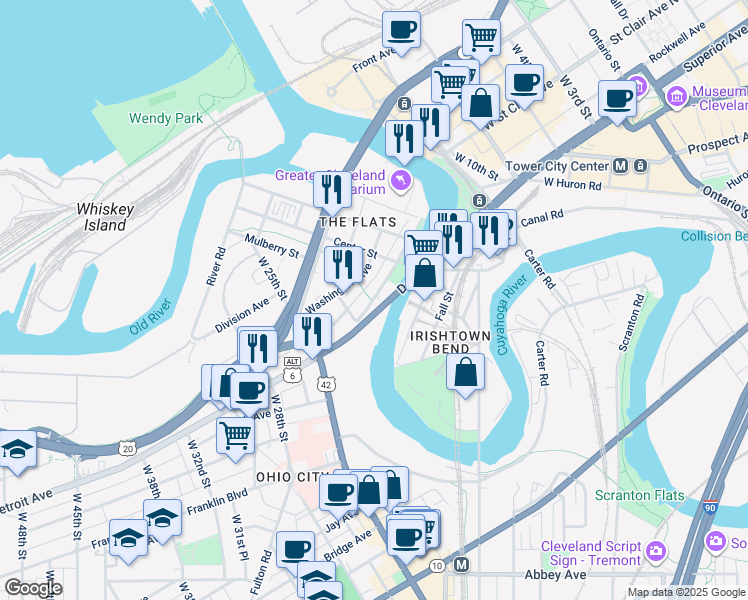 map of restaurants, bars, coffee shops, grocery stores, and more near 2222 Detroit Avenue in Cleveland