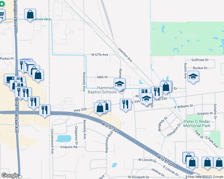 map of restaurants, bars, coffee shops, grocery stores, and more near 1603-16 Homan Drive in Schererville