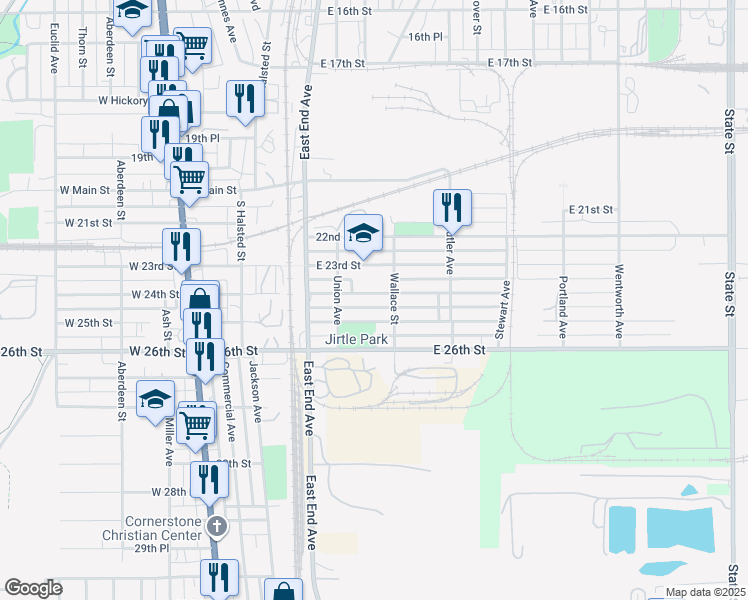 map of restaurants, bars, coffee shops, grocery stores, and more near 144 East 24th Street in Chicago Heights